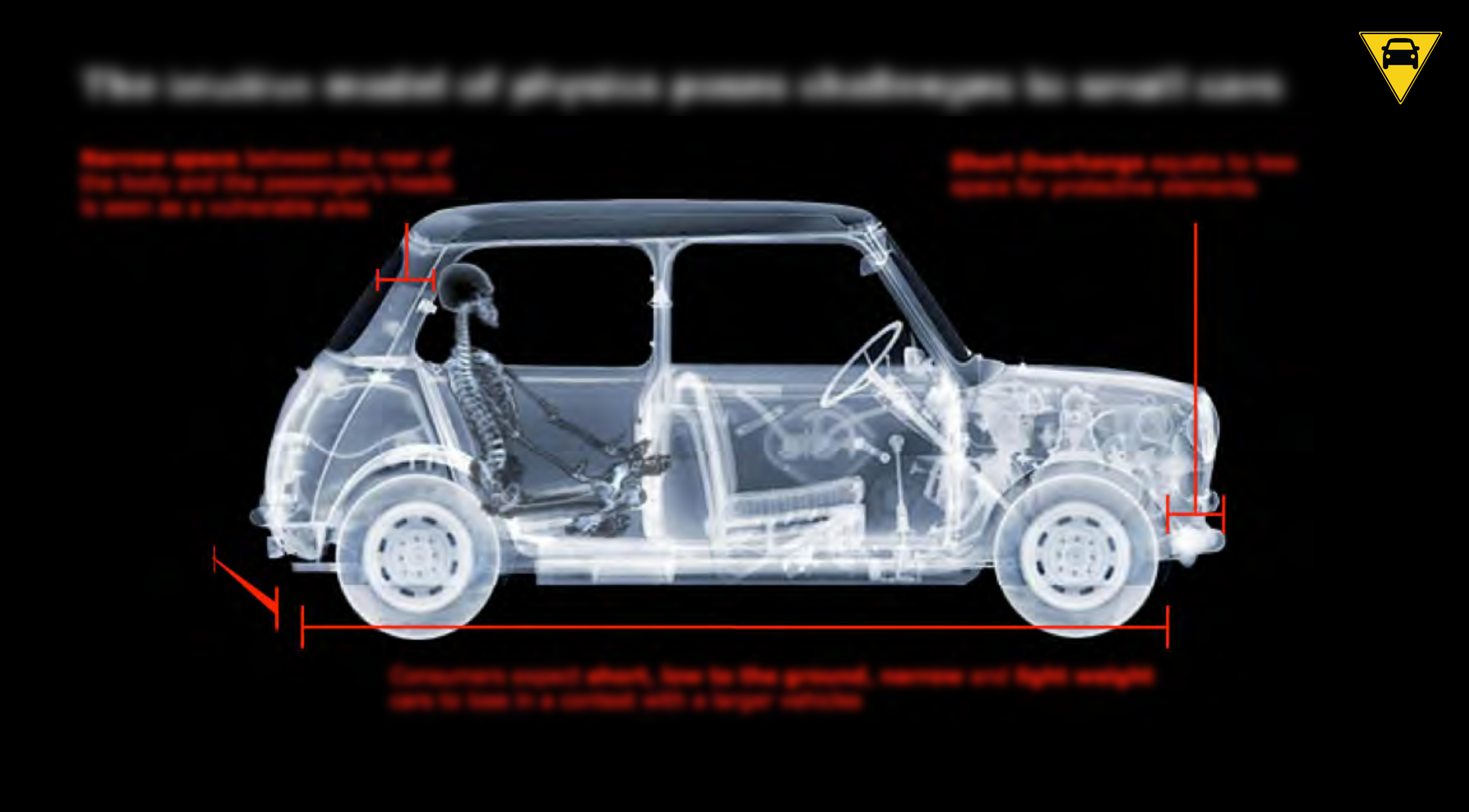 Illustration of a x-rayed car and passenger with blurred text.